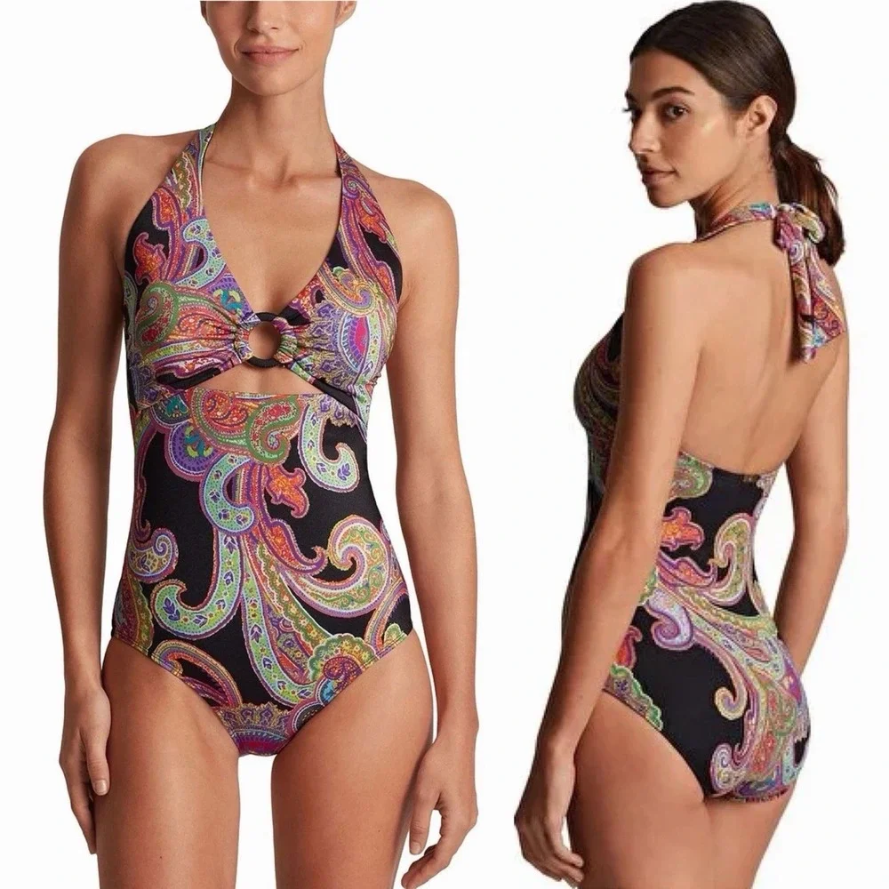 Lauren Ralph Lauren Women's Size 12 Paisley Halter Cut Out One Piece Swimsuit